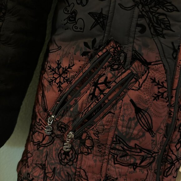 Desigual Flocked Velvet Puffer Jacket 38 Black and Burgandy / Small to Medium - Picture 6 of 10